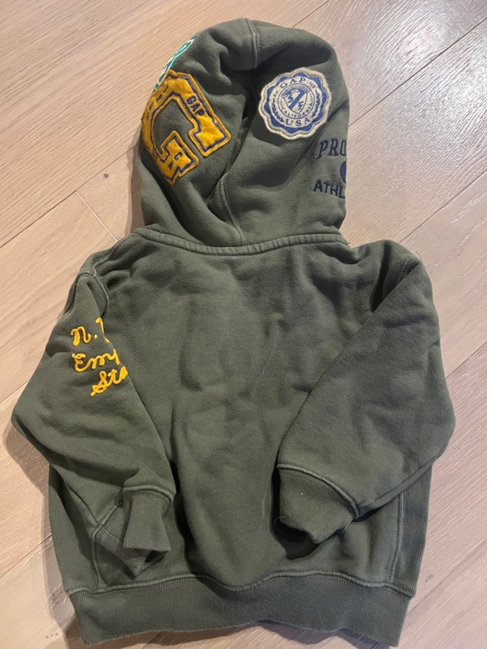 GAP Olive Green Hooded Sweatshirt with Navy Applique and Yellow Accents - Picture 3 of 3